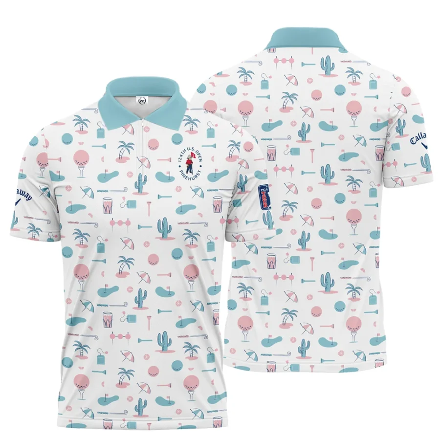 124th U.S. Open Pinehurst Slightly Desaturated Cyan Soft Red Pattern Golf White Background Callaway Zipper Polo Shirt Style Classic