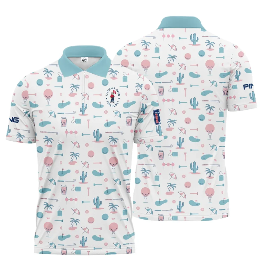 124th U.S. Open Pinehurst Slightly Desaturated Cyan Soft Red Pattern Golf White Background Ping Zipper Polo Shirt Style Classic