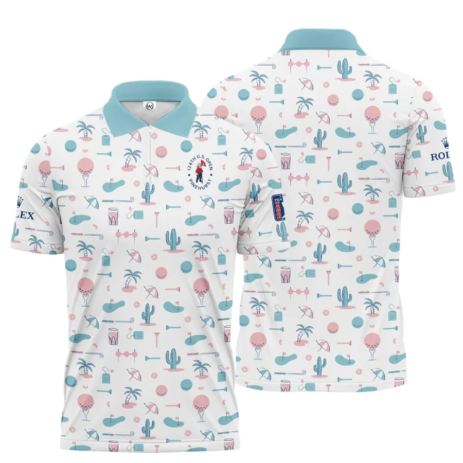 124th U.S. Open Pinehurst Slightly Desaturated Cyan Soft Red Pattern Golf White Background Rolex Zipper Polo Shirt Style Classic