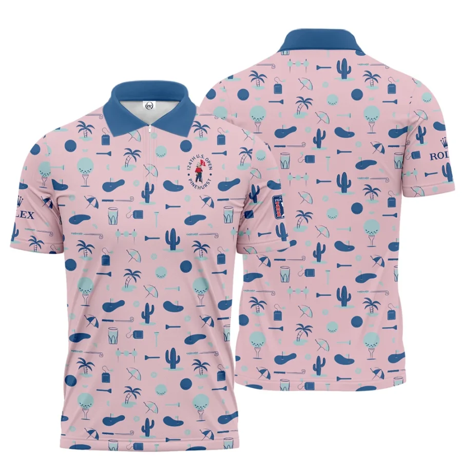 124th U.S. Open Pinehurst Golf Blue Pattern Pink Rolex Zipper Polo Shirt Style Classic