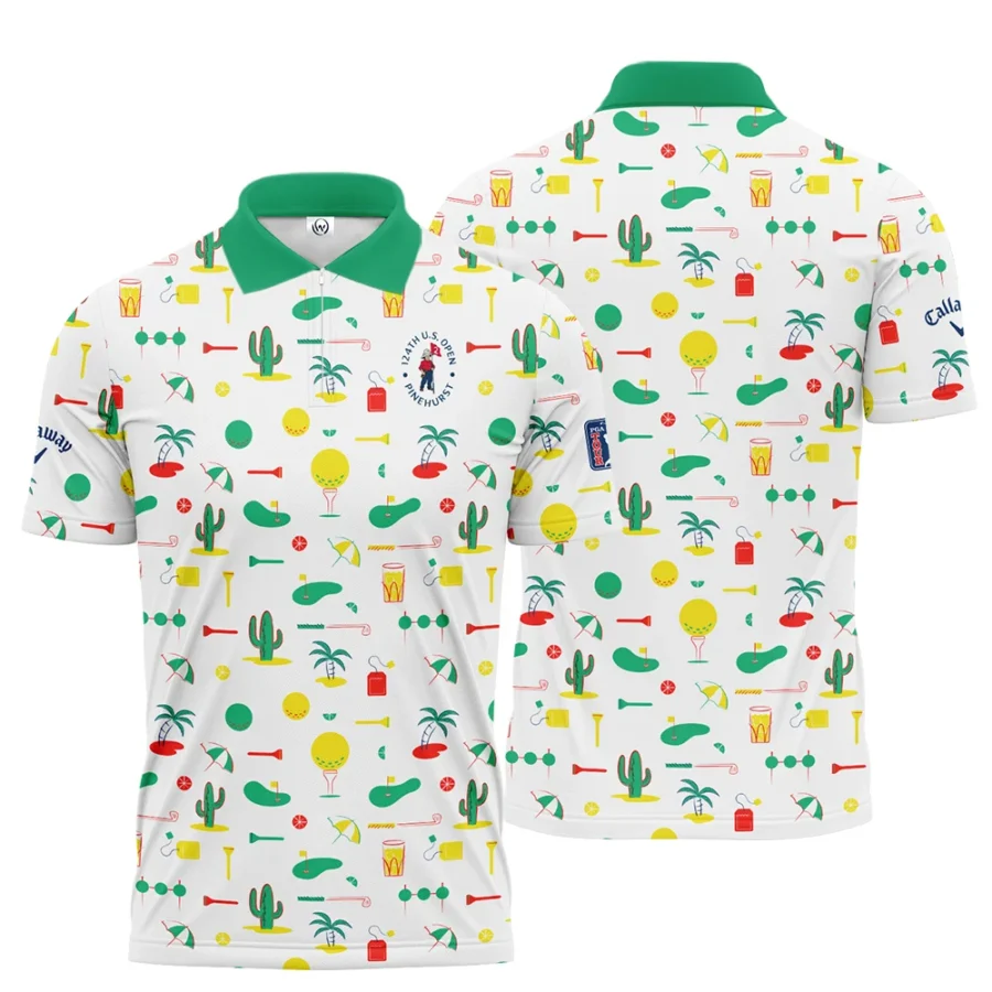 White Background Green Yellow Red Pattern Golf 124th U.S. Open Pinehurst Callaway Zipper Polo Shirt Style Classic