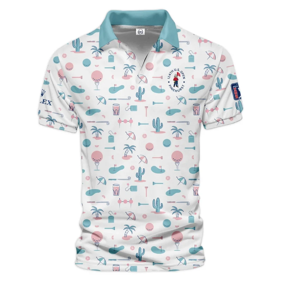 124th U.S. Open Pinehurst Slightly Desaturated Cyan Soft Red Pattern Golf White Background Rolex Vneck Polo Shirt Style Classic