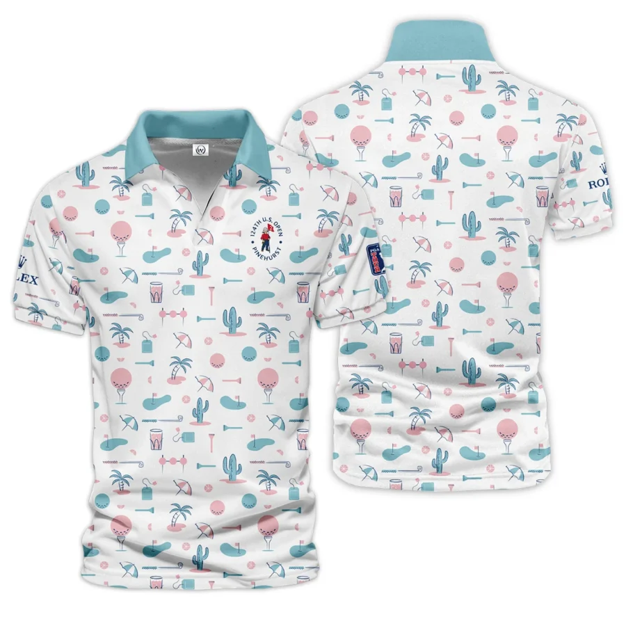 124th U.S. Open Pinehurst Slightly Desaturated Cyan Soft Red Pattern Golf White Background Rolex Vneck Polo Shirt Style Classic