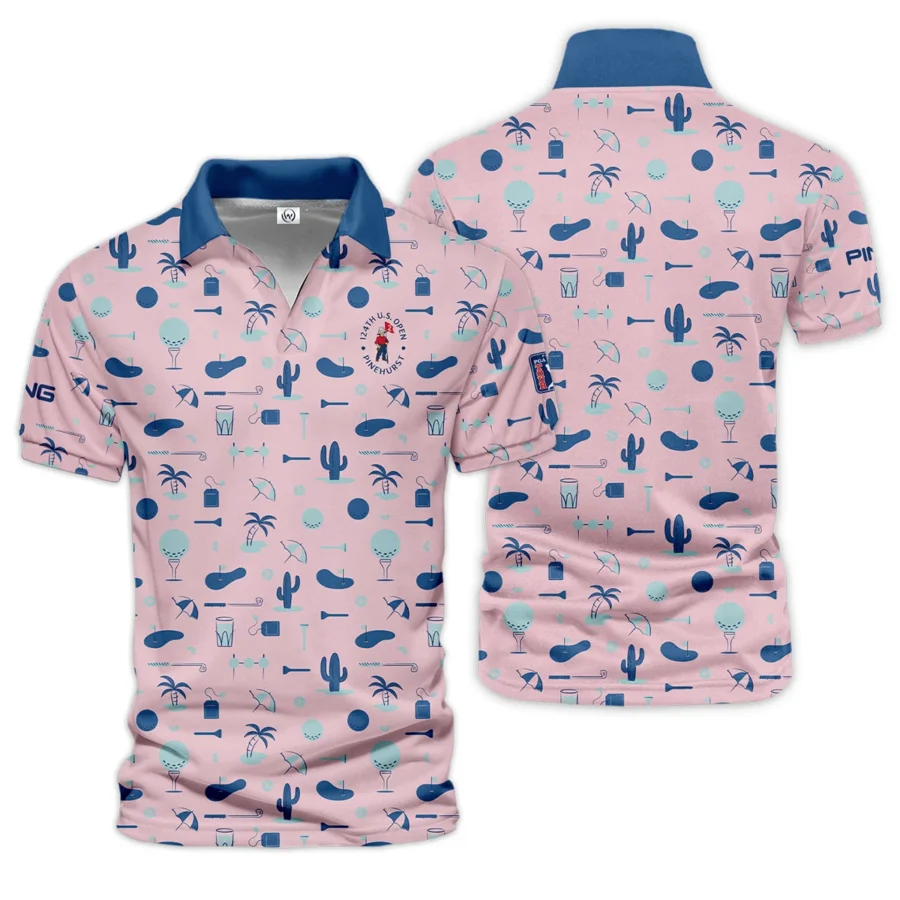 124th U.S. Open Pinehurst Golf Blue Pattern Pink Ping Vneck Polo Shirt Style Classic