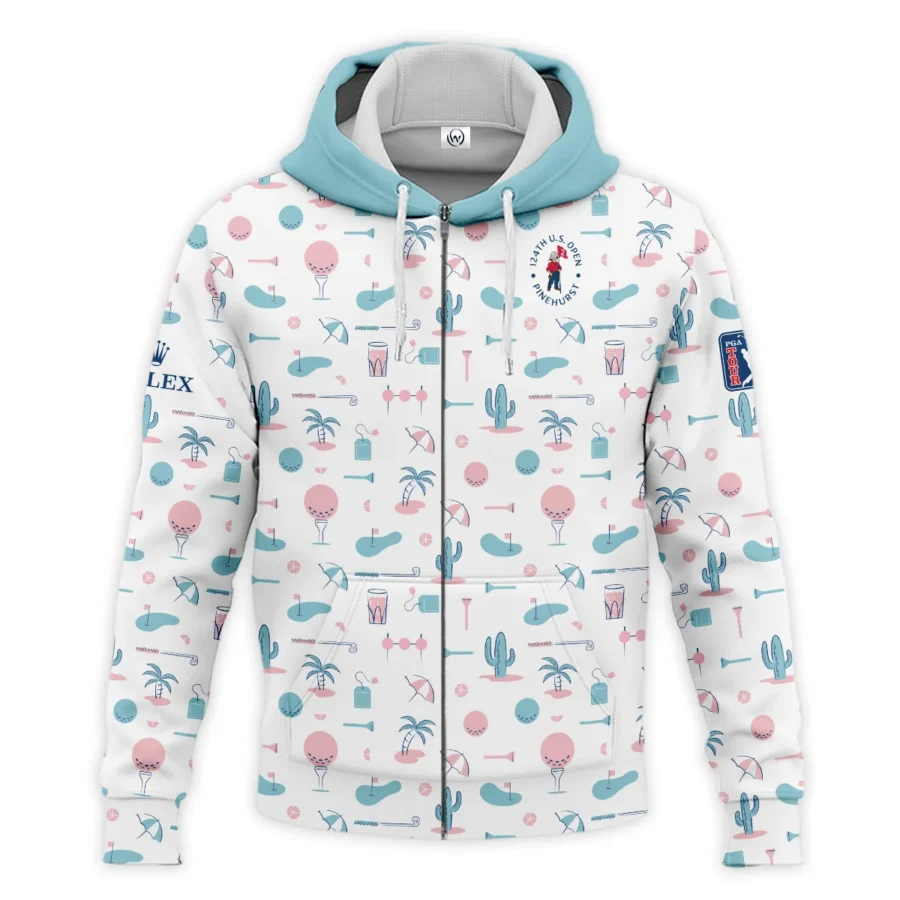 124th U.S. Open Pinehurst Slightly Desaturated Cyan Soft Red Pattern Golf White Background Rolex Zipper Hoodie Shirt Style Classic