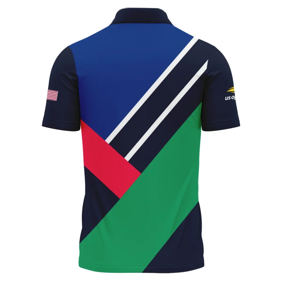 Lacoste US Open Tennis Dark Blue Green Red Background Zipper Polo Shirt Style Classic