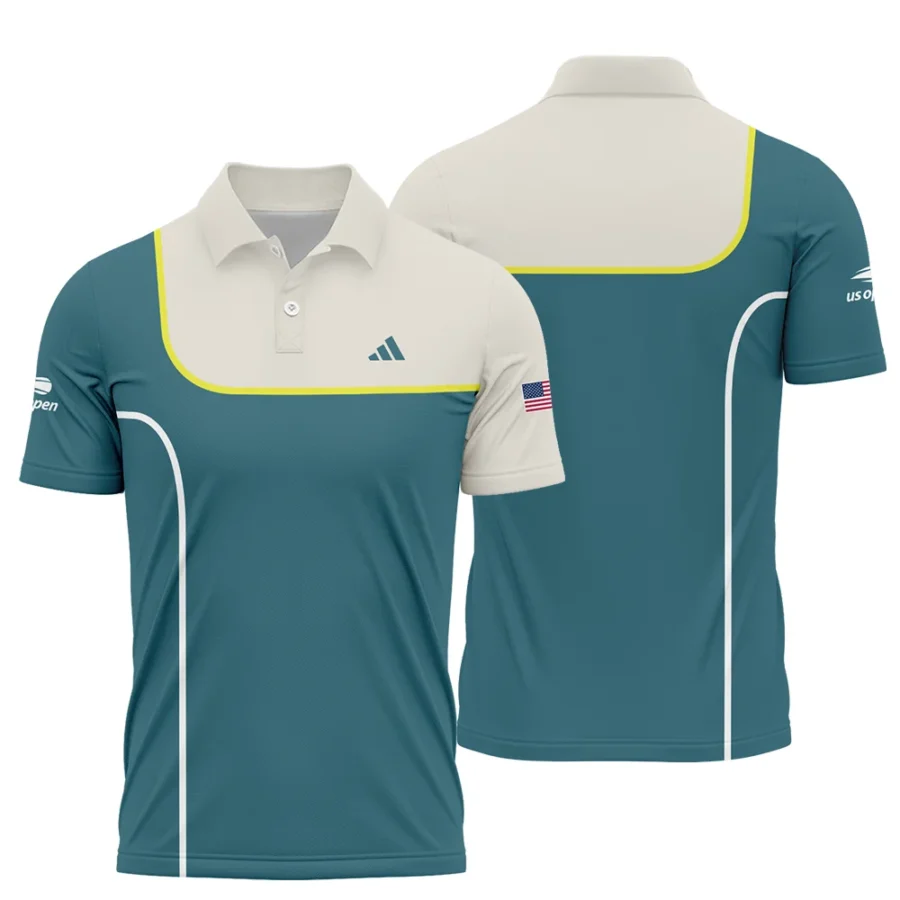 Very Dark Desaturated Cyan Yellow Line US Open Tennis Adidas Polo Shirt Style Classic