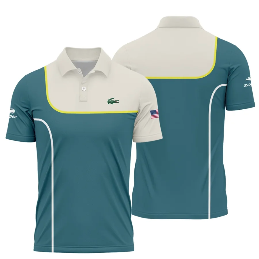 Very Dark Desaturated Cyan Yellow Line US Open Tennis Lacoste Polo Shirt Style Classic