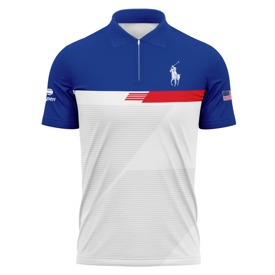 Ralph Lauren US Open Tennis Blue Red White Line Pattern Zipper Polo Shirt Style Classic