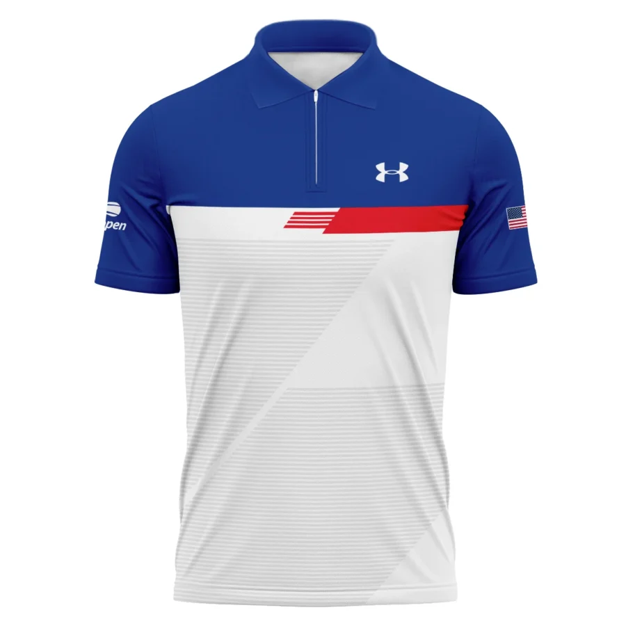 Under Armour US Open Tennis Blue Red White Line Pattern Zipper Polo Shirt Style Classic