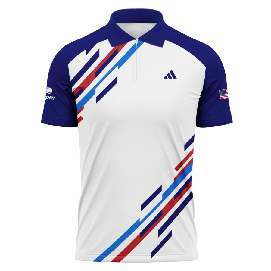 US Open Tennis Adidas White Blue Red Line Color Background Zipper Polo Shirt Style Classic