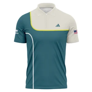 Very Dark Desaturated Cyan Yellow Line US Open Tennis Adidas Vneck Polo Shirt Style Classic