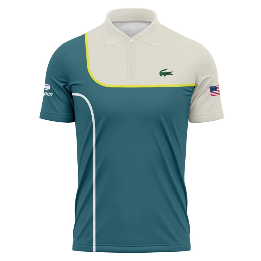 Very Dark Desaturated Cyan Yellow Line US Open Tennis Lacoste Zipper Polo Shirt Style Classic