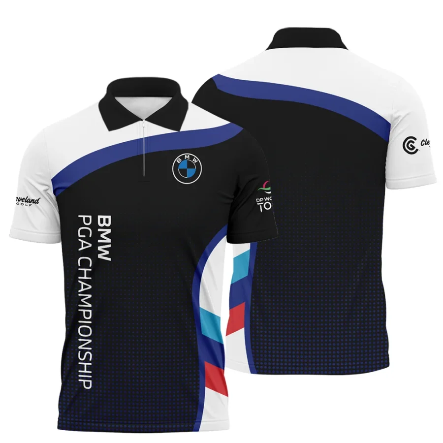 Zipper Polo Shirt Cleveland Golf BMW PGA Championship Black Background Halftone Blue Red HOBMW110724A01CLEZPL