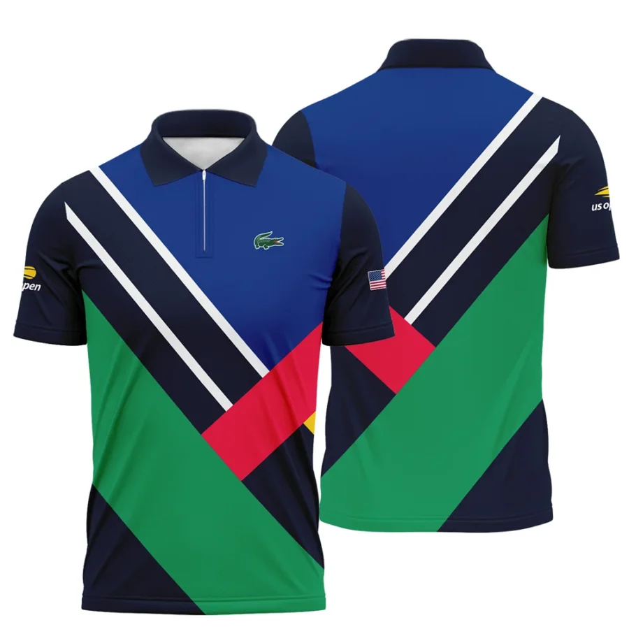 Lacoste US Open Tennis Dark Blue Green Red Background Zipper Polo Shirt Style Classic