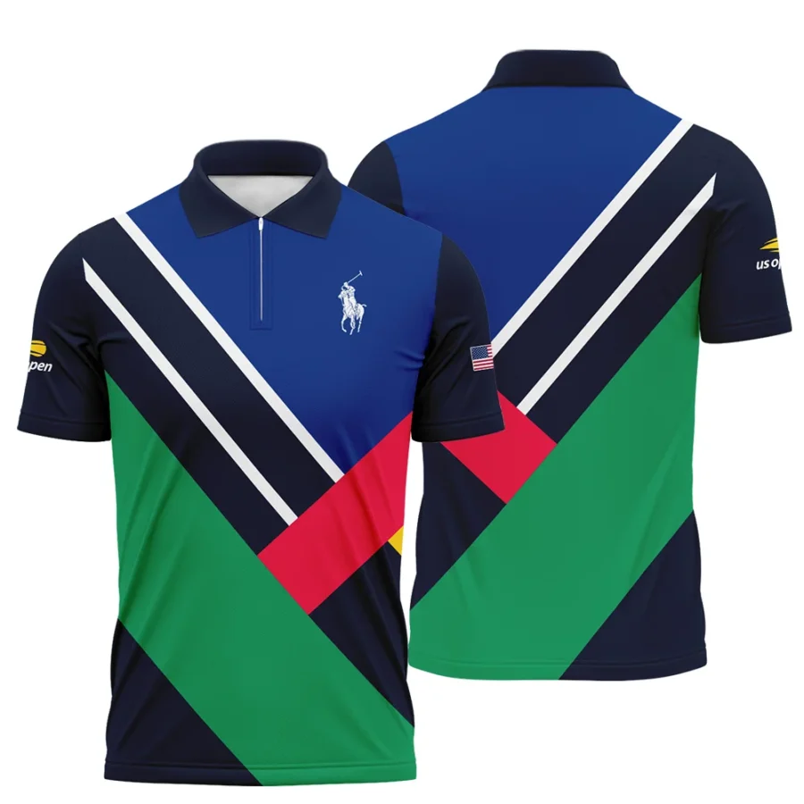 Ralph Lauren US Open Tennis Dark Blue Green Red Background Zipper Polo Shirt Style Classic