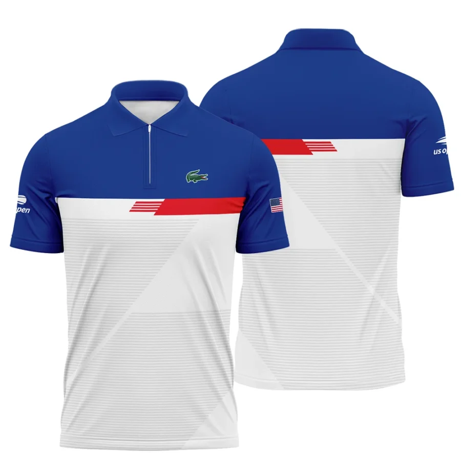 Lacoste US Open Tennis Blue Red White Line Pattern Zipper Polo Shirt Style Classic