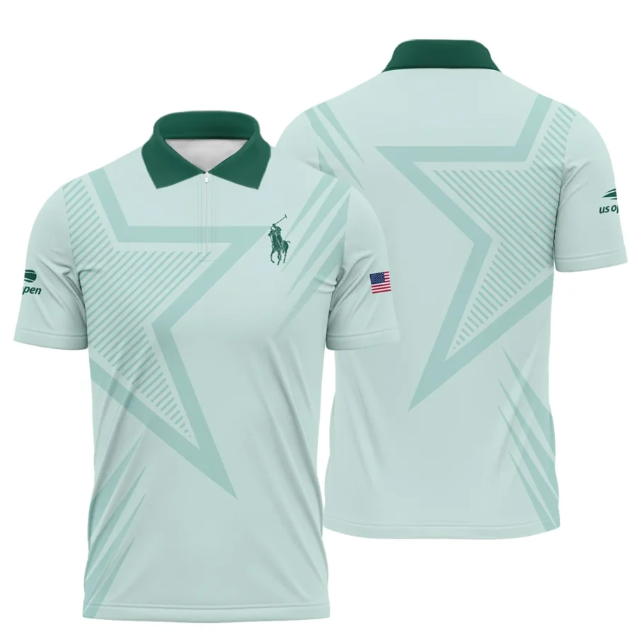 US Open Tennis Ralph Lauren Green Pastel Background Star Line Pattern Zipper Polo Shirt Style Classic