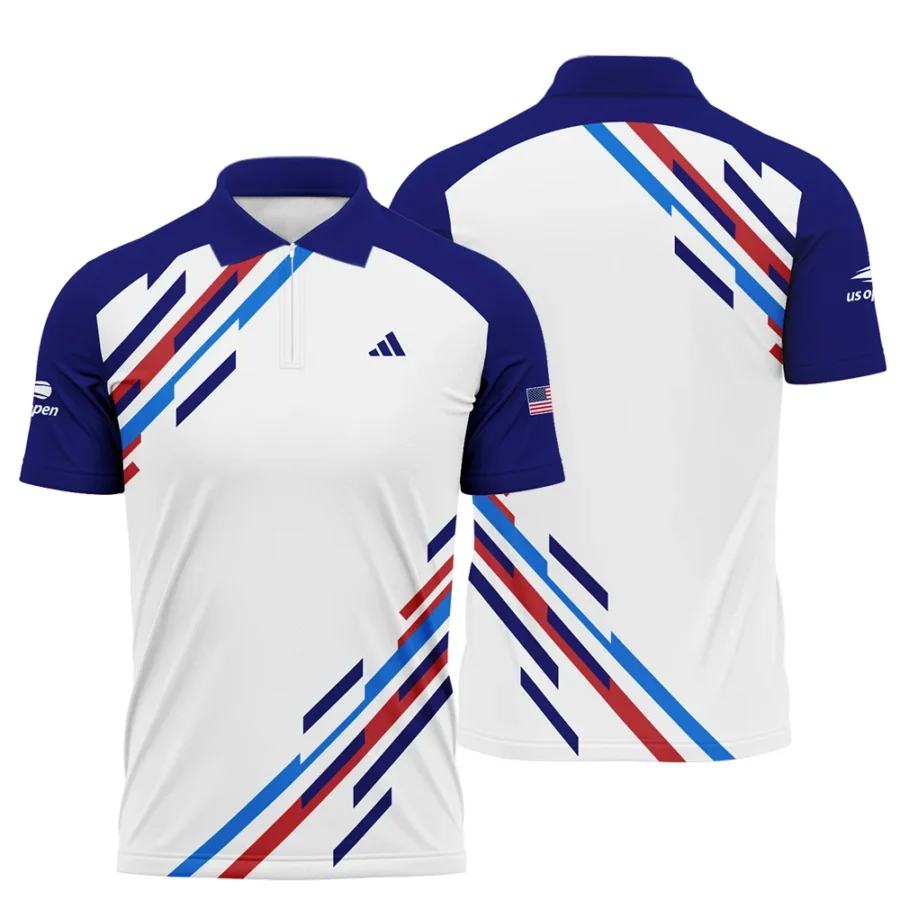 US Open Tennis Adidas White Blue Red Line Color Background Zipper Polo Shirt Style Classic