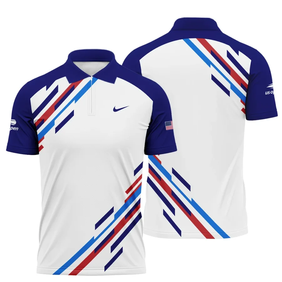 US Open Tennis Nike White Blue Red Line Color Background Zipper Polo Shirt Style Classic