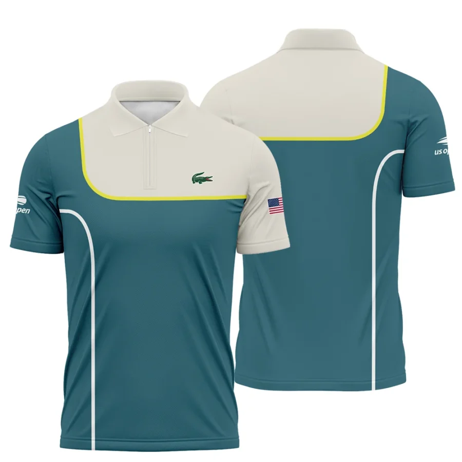 Very Dark Desaturated Cyan Yellow Line US Open Tennis Lacoste Zipper Polo Shirt Style Classic