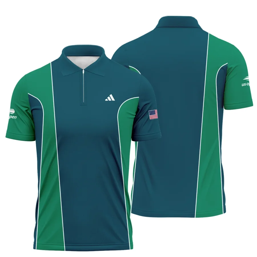 Very Dark Cyan Green Background US Open Tennis Adidas Zipper Polo Shirt Style Classic