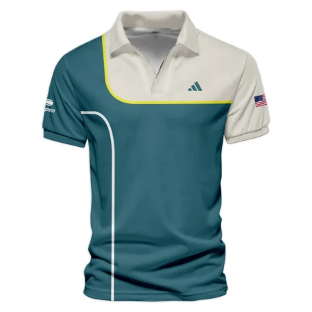 Very Dark Desaturated Cyan Yellow Line US Open Tennis Adidas Vneck Polo Shirt Style Classic