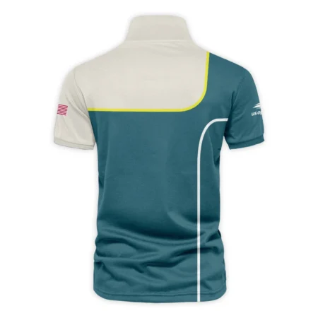 Very Dark Desaturated Cyan Yellow Line US Open Tennis Nike Vneck Polo Shirt Style Classic