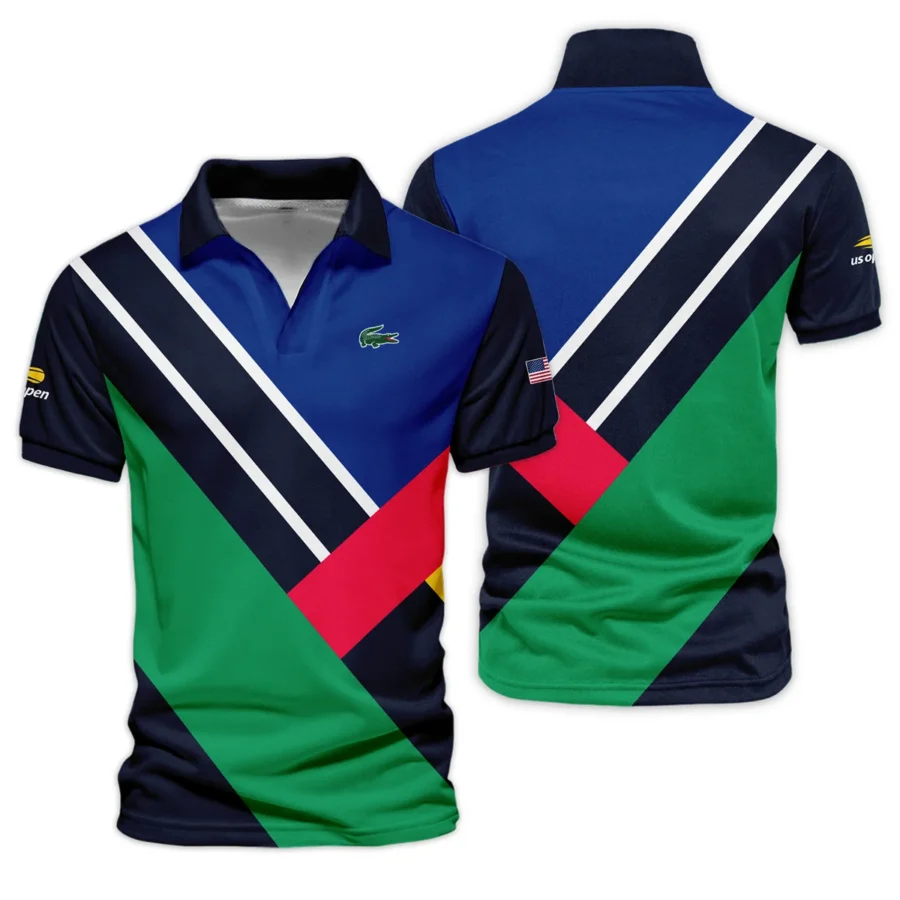 Lacoste US Open Tennis Dark Blue Green Red Background Vneck Polo Shirt Style Classic