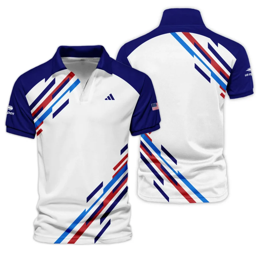 US Open Tennis Adidas White Blue Red Line Color Background Vneck Polo Shirt Style Classic