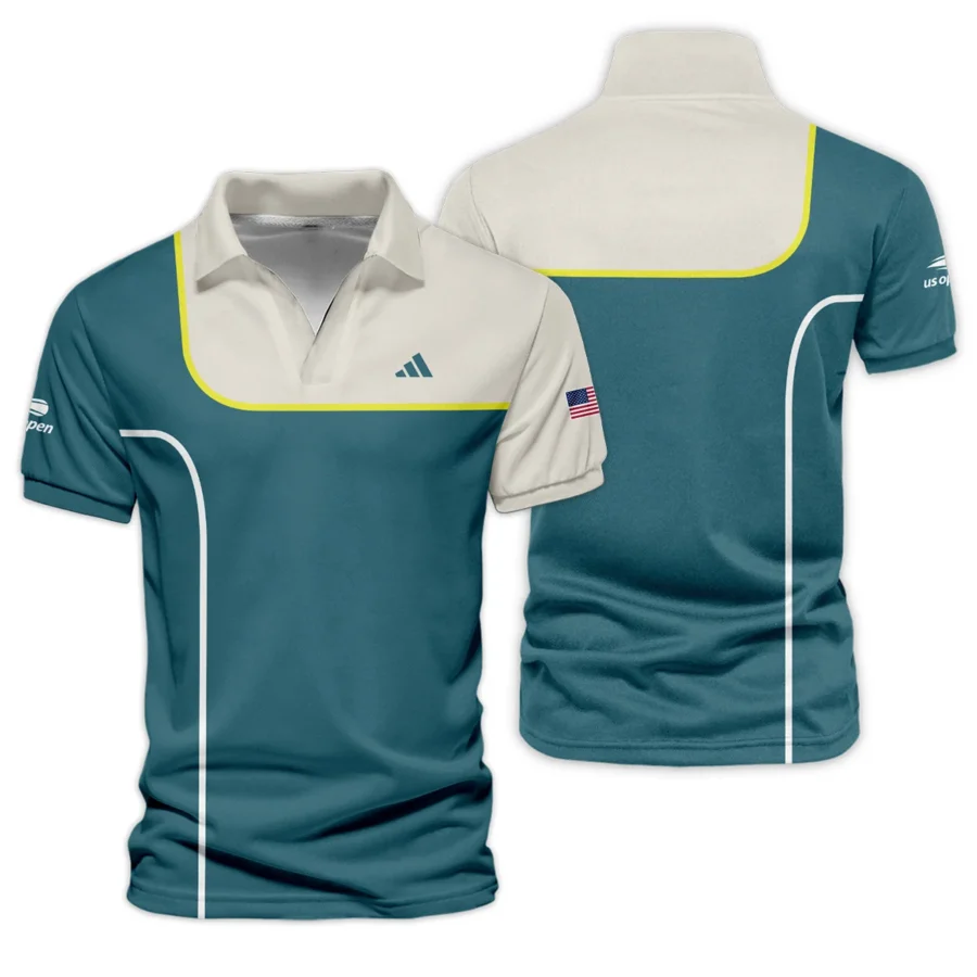 Very Dark Desaturated Cyan Yellow Line US Open Tennis Adidas Vneck Polo Shirt Style Classic