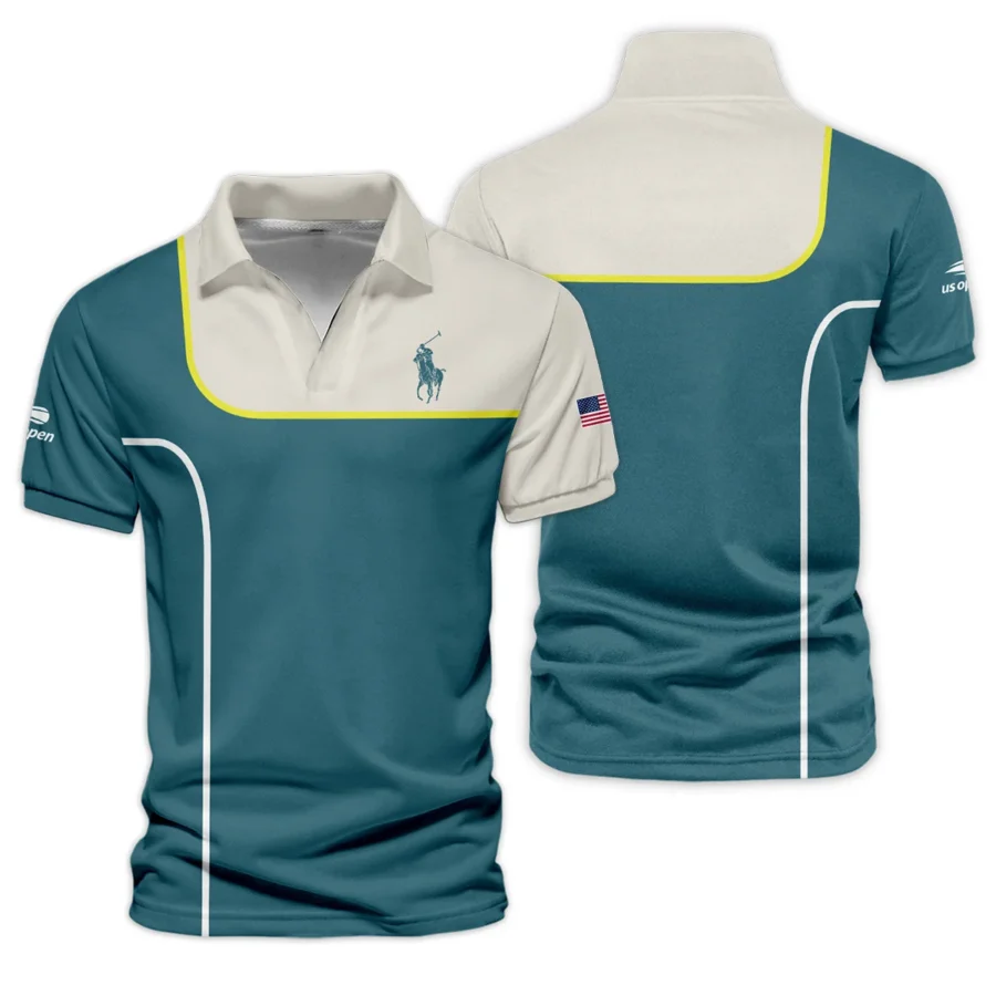 Very Dark Desaturated Cyan Yellow Line US Open Tennis Ralph Lauren Vneck Polo Shirt Style Classic