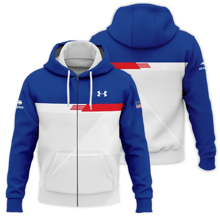 Under Armour US Open Tennis Blue Red White Line Pattern Zipper Hoodie Shirt Style Classic