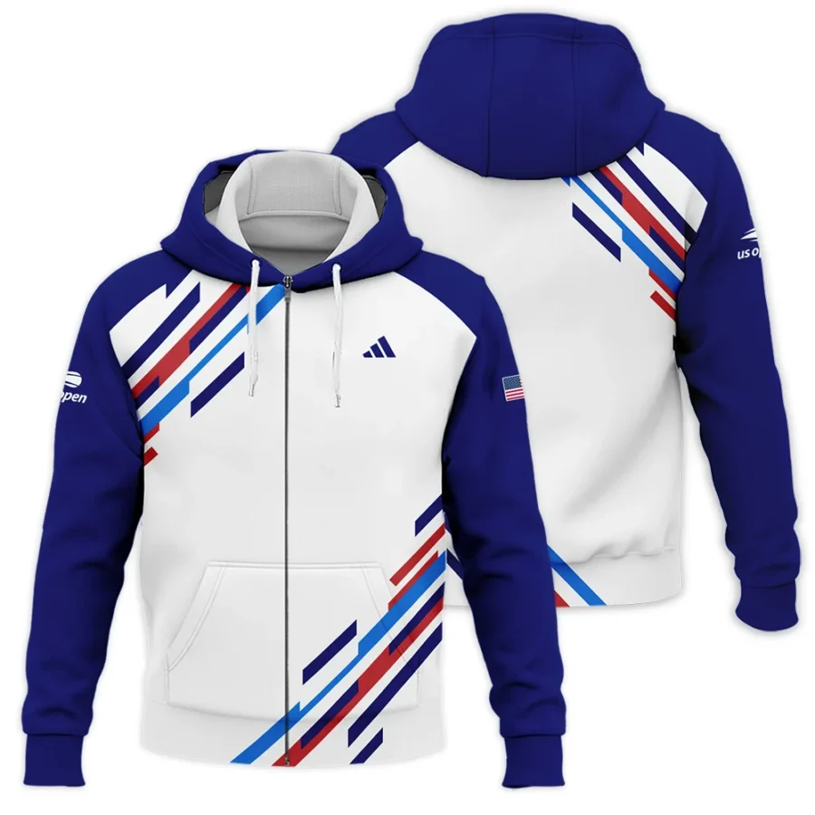 US Open Tennis Adidas White Blue Red Line Color Background Zipper Hoodie Shirt Style Classic