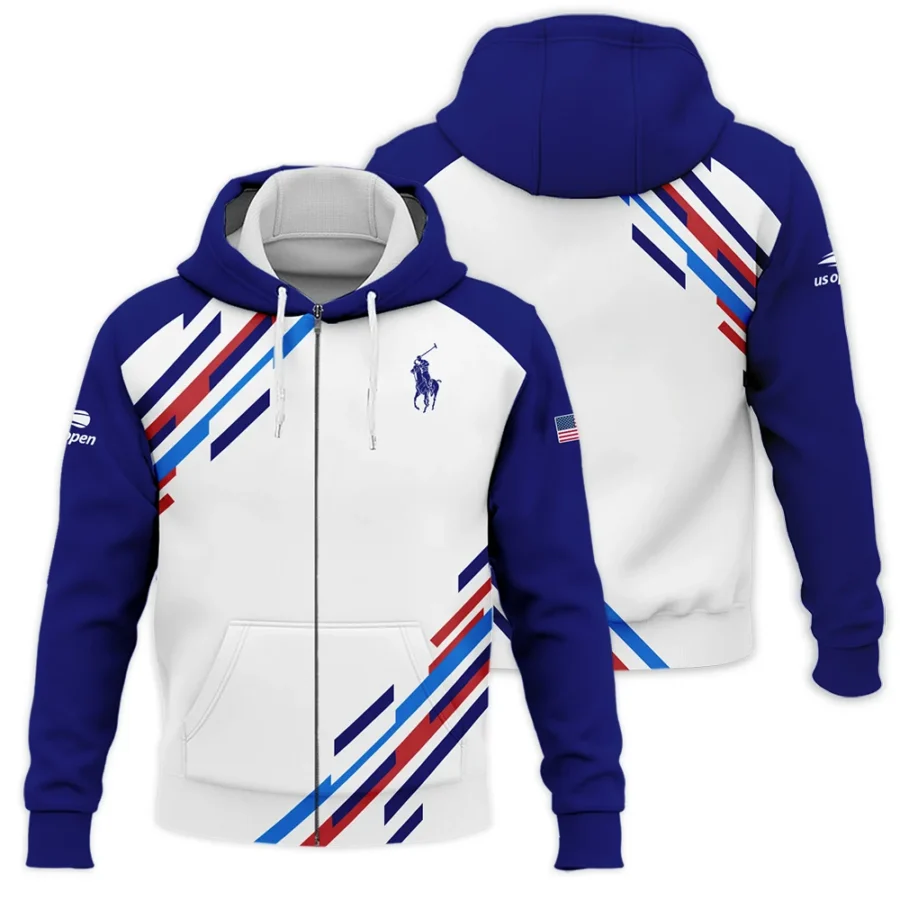 US Open Tennis Ralph Lauren White Blue Red Line Color Background Zipper Hoodie Shirt Style Classic