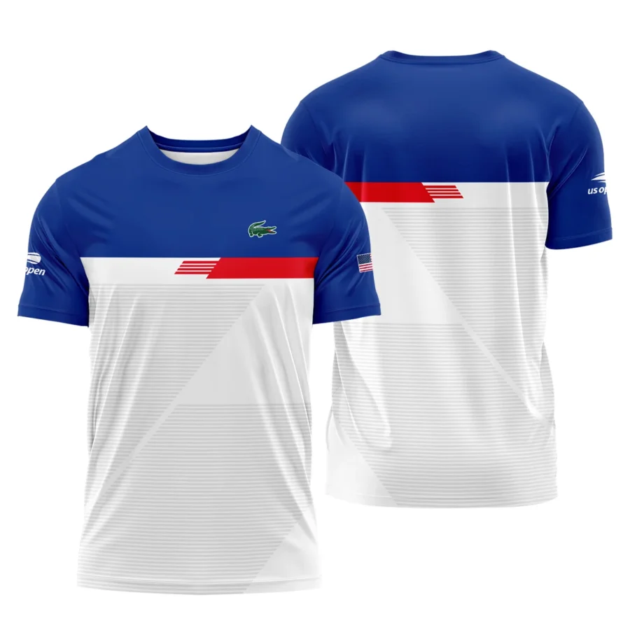 Lacoste US Open Tennis Blue Red White Line Pattern Performance T-Shirt Style Classic