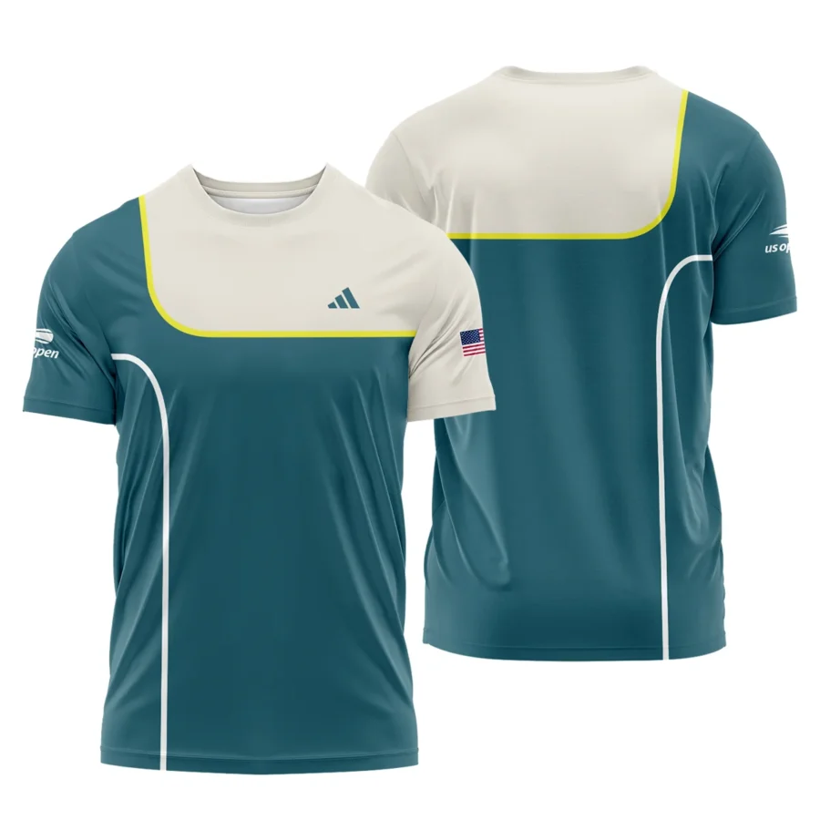 Very Dark Desaturated Cyan Yellow Line US Open Tennis Adidas Performance T-Shirt Style Classic