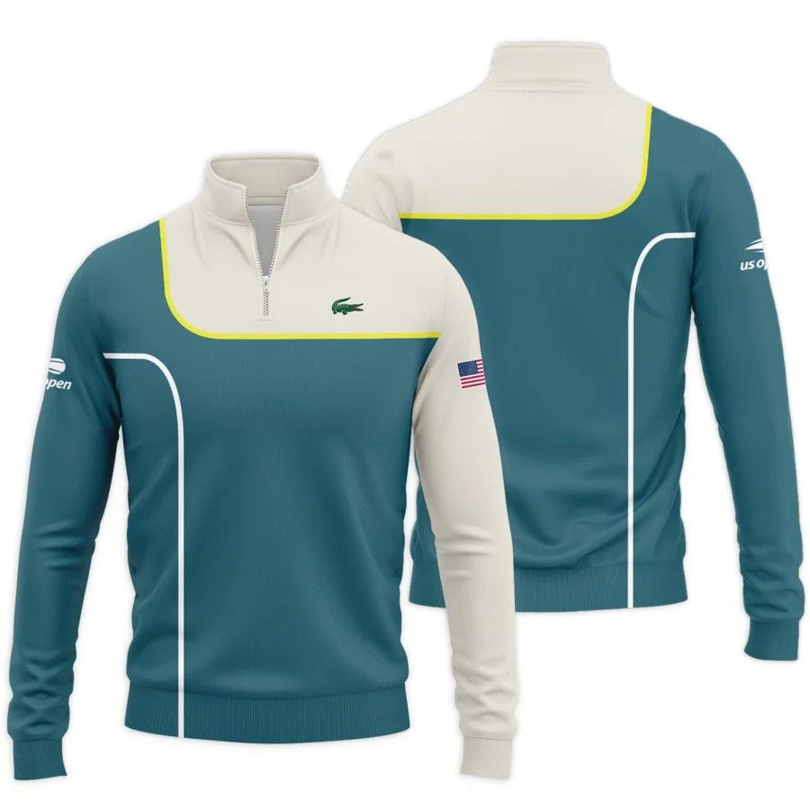 Very Dark Desaturated Cyan Yellow Line US Open Tennis Lacoste Quarter-Zip Jacket Style Classic