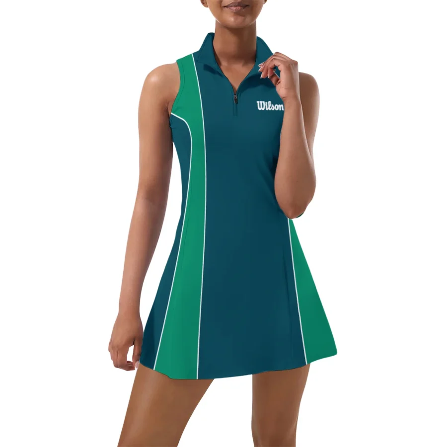 Very Dark Cyan Green Wilson US Open Tennis Womens Sport Dress with Shorts Sleeveless Dresses HOUST290824U03WS