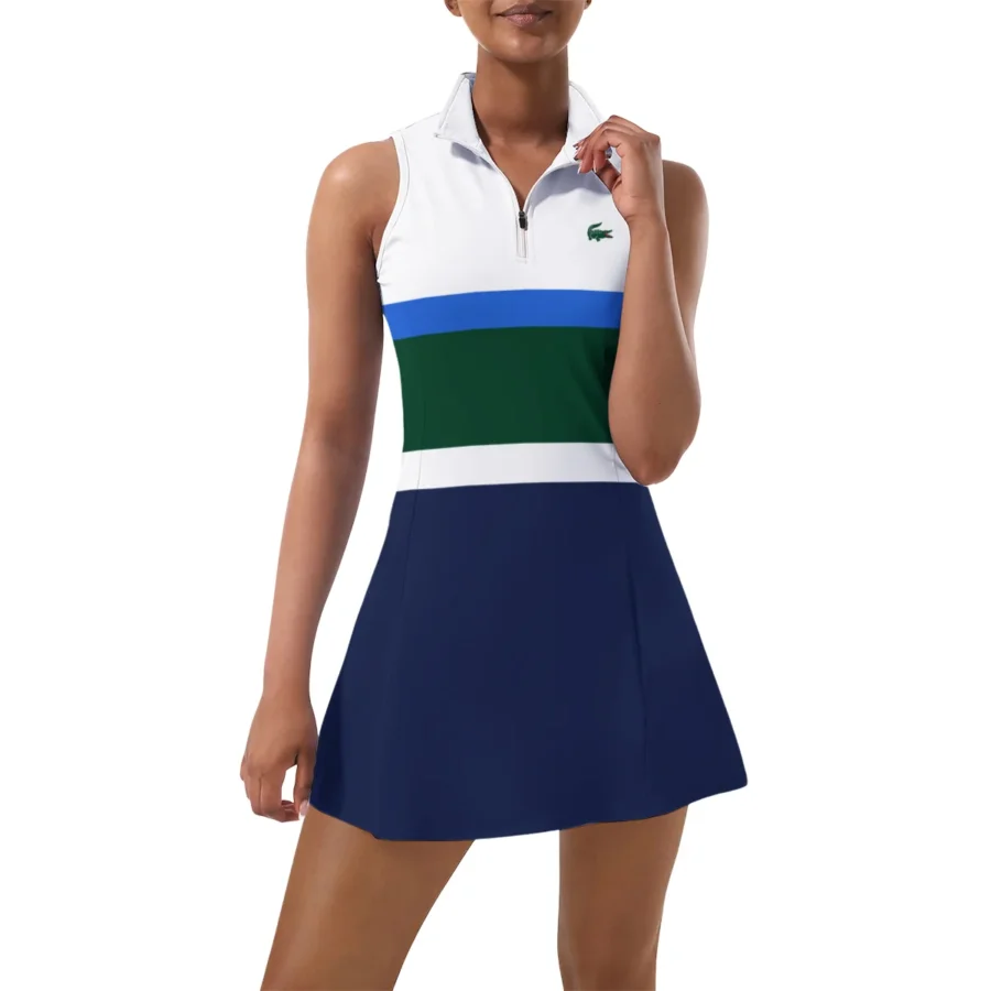 Blue White Green Line Lacoste US Open Tennis Womens Sport Dress with Shorts Sleeveless Dresses HOUST290824U04LAC