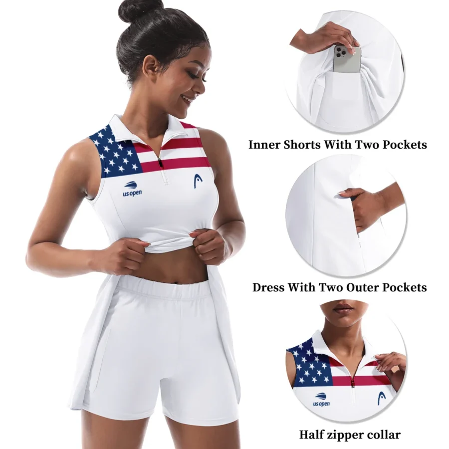 USA Flag White Background HEAD US Open Tennis Womens Sport Dress with Shorts Sleeveless Dresses HOUST300824U01HEA