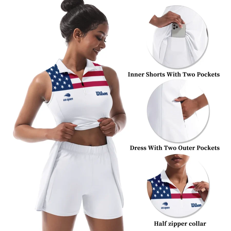 USA Flag White Background Wilson US Open Tennis Womens Sport Dress with Shorts Sleeveless Dresses HOUST300824U01WS