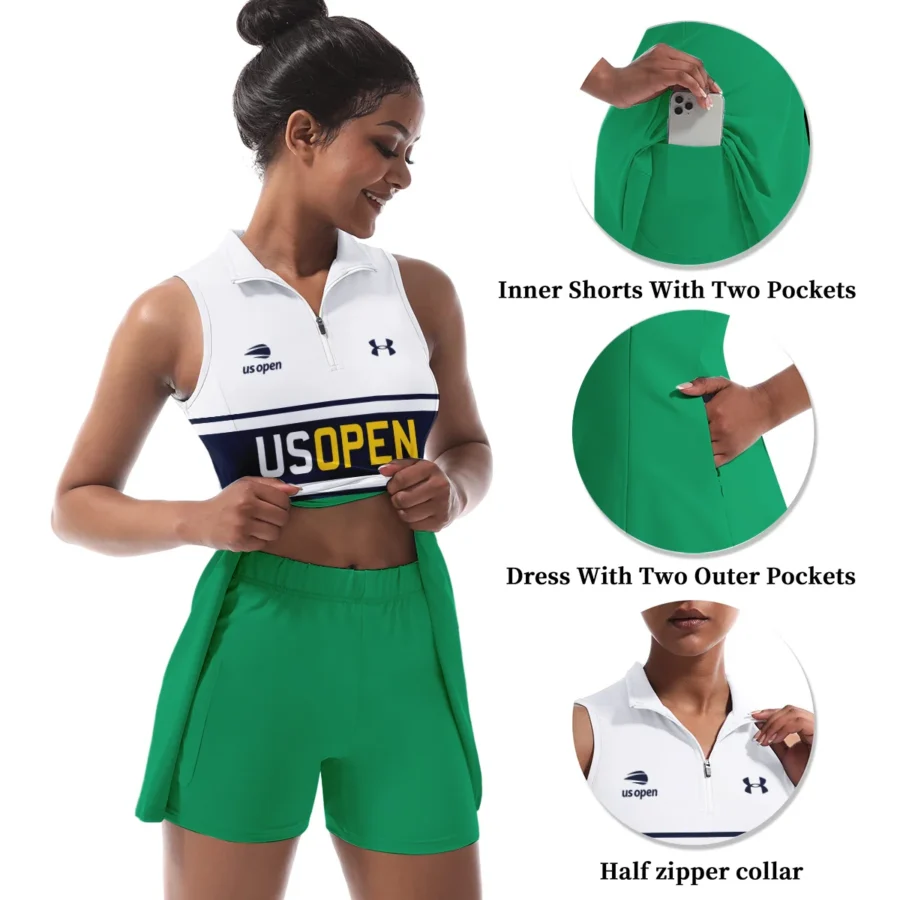 Green Mix Blue Color Under Armour US Open Tennis Womens Sport Dress with Shorts Sleeveless Dresses QTUSTM080624A4UA