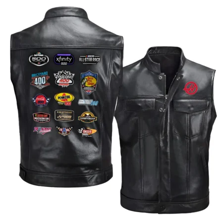 Haas Factory Team Collection Release Nascar Cup Series Zipper Sleeveless Leather Jackets BLNCS13924HFT5