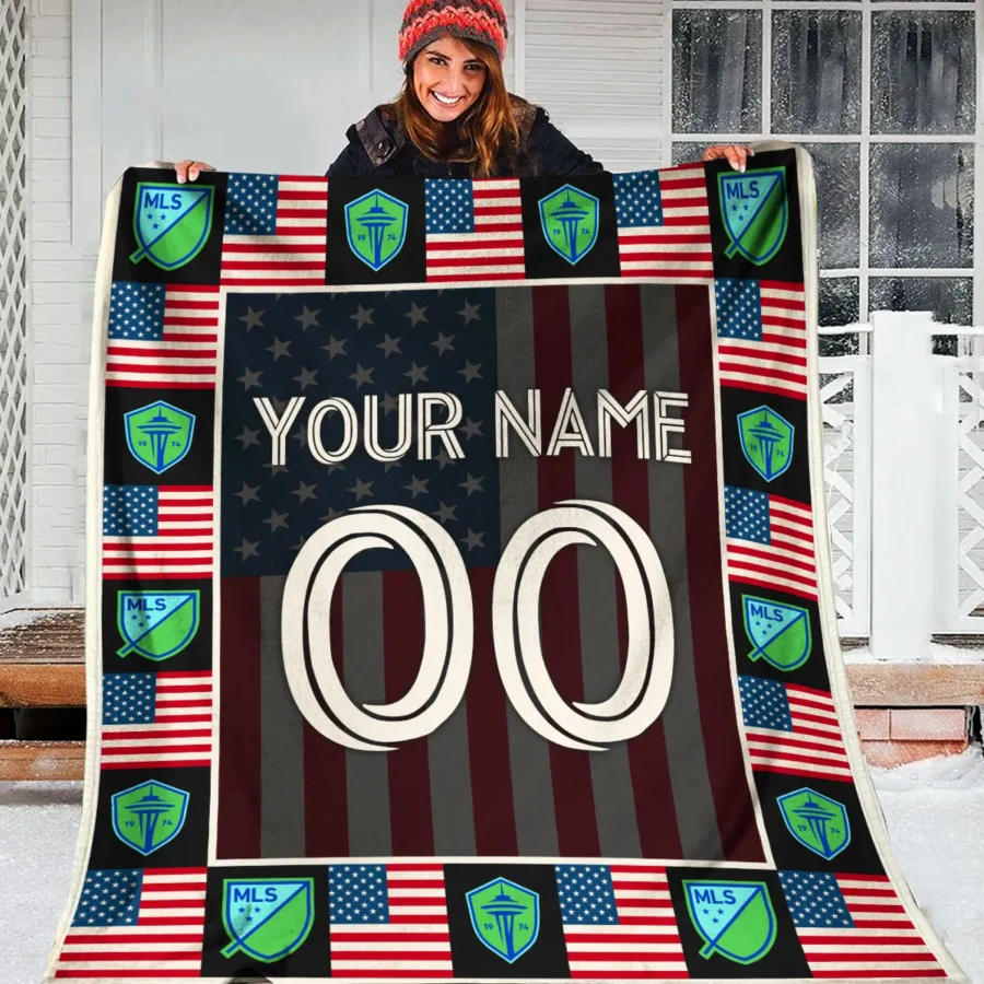 Custom Name Number US Flag MLS Seattle Sounders Exclusive All Over Prints BLMLS141024A1SEABLK - Blanket