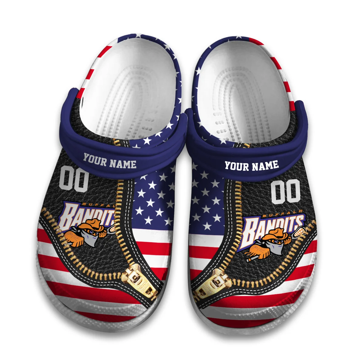 Personalized Flag USA Zip Leather Pattern Buffalo Bandits Classic Crocs All Over Print HONLL030824C01BUF